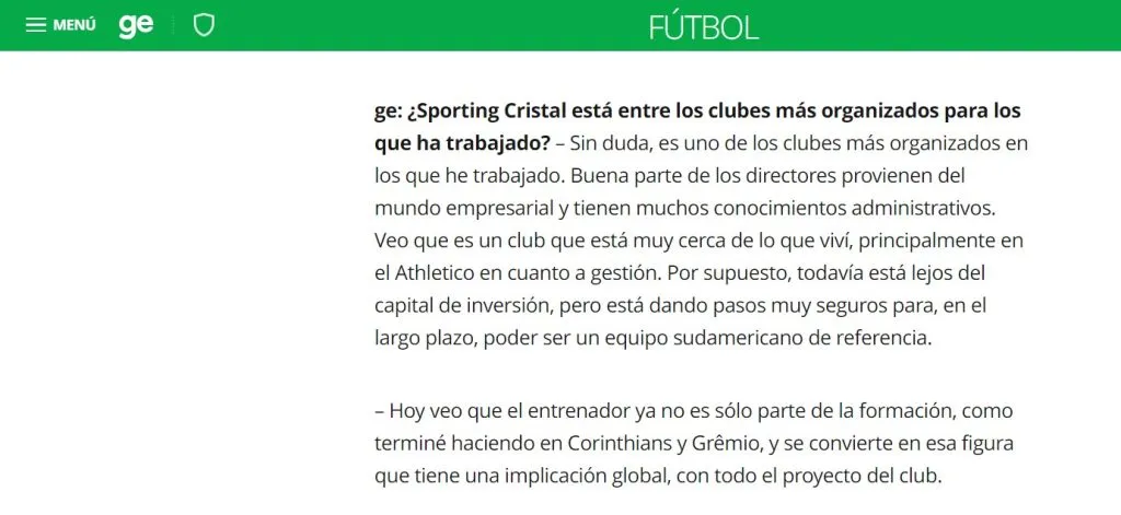 Tiago Nunes hablando sobre Sporting Cristal para Globo Esporte. Foto: Globo Esporte.