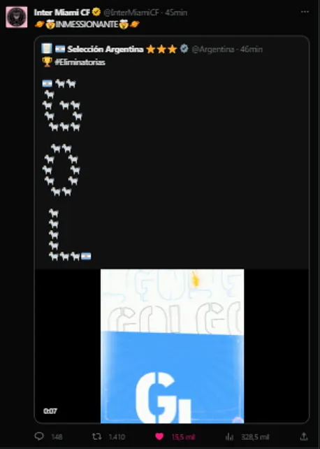 Reacción de Inter Miami al gol de Messi (Foto: X / @InterMiamiCF)