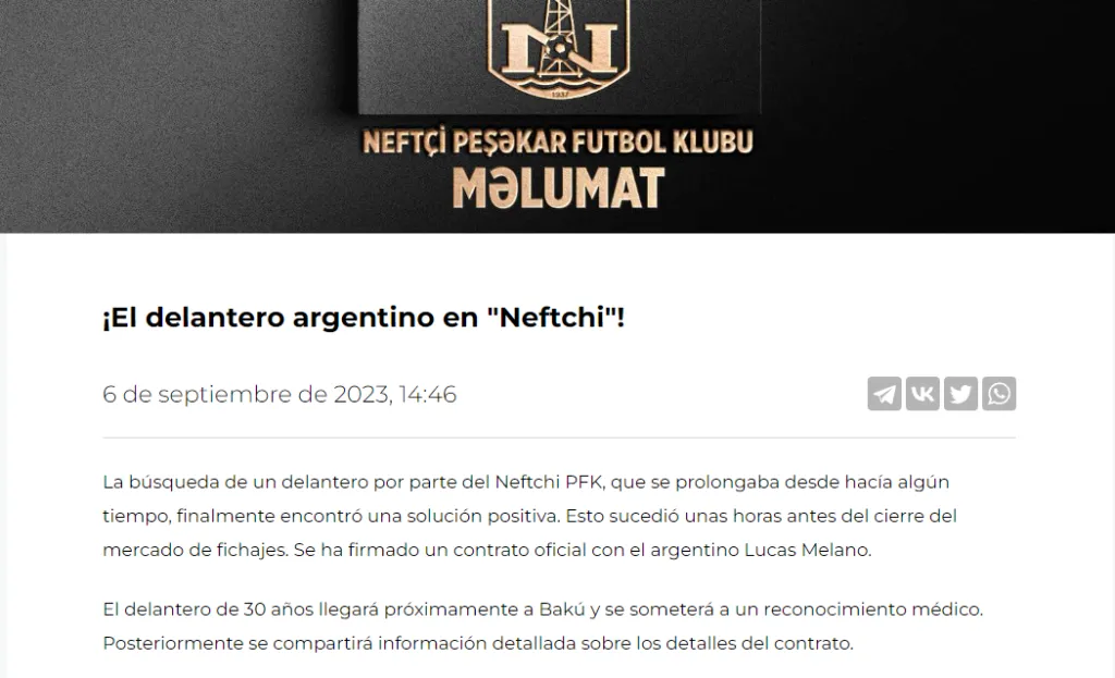 Comunicado oficial del Neftchi sobre la llegada de Melano.