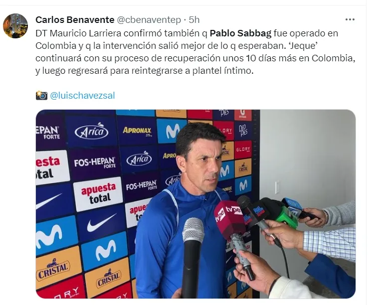 Carlos Benavente da información de Pablo Sabbag. Foto: Captura de Twitter.