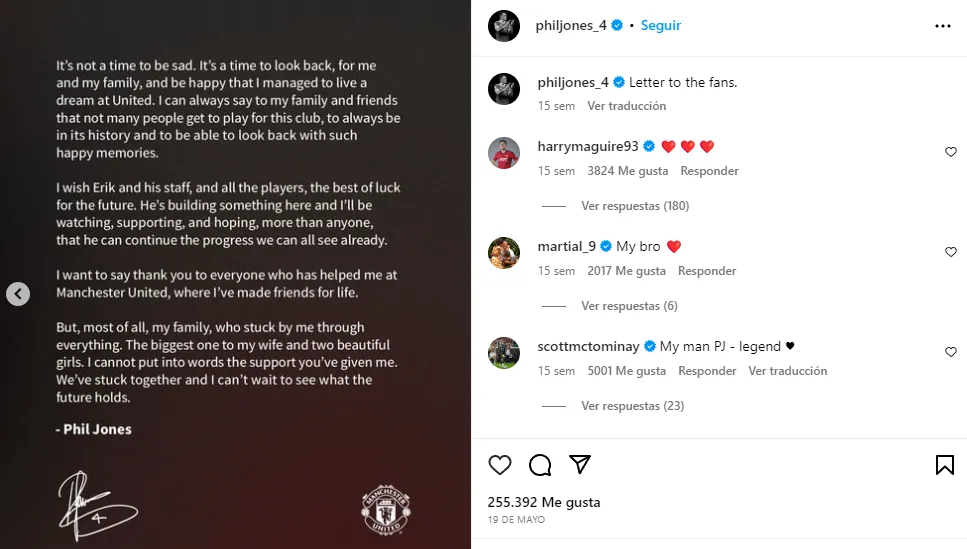 Parte de la carta de Phil Jones anunciando su salida del United.