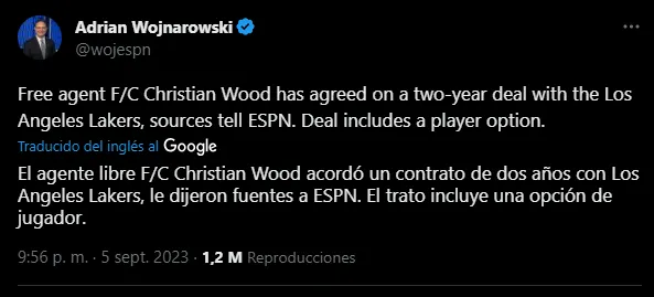 Nuevo refuerzo de Lakers  (Foto: X / @wojespn)