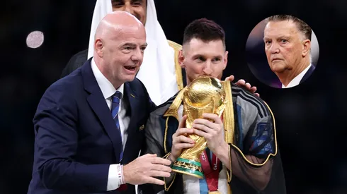 Gianni Infantino, Lionel Messi y Louis van Gaal.