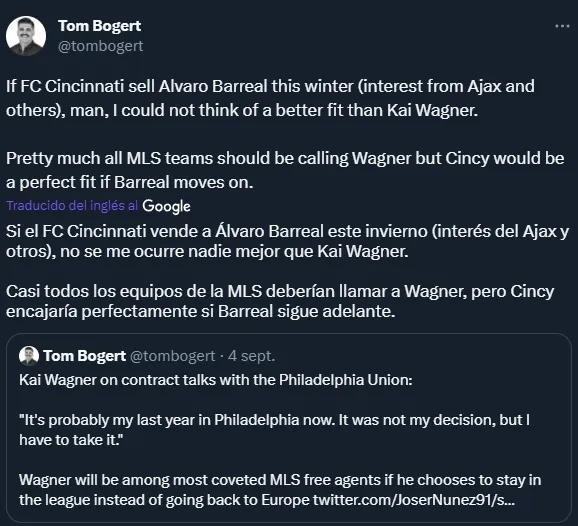 En FC Cincinnati piensan en una posible venta de Barreal a Europa (Twitter @tombogert)