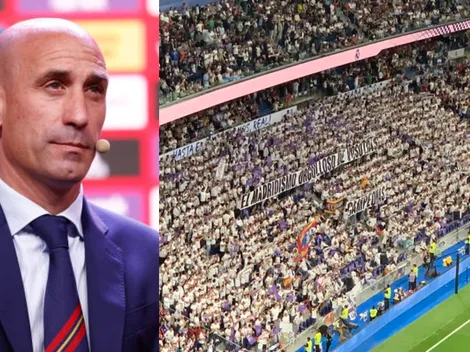 Pancarta y mensajes a Rubiales en el Bernabéu
