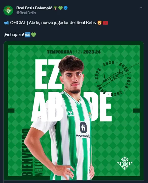 Anuncio oficial de Betis del fichaje de Ez Abde (Twitter @RealBetis).