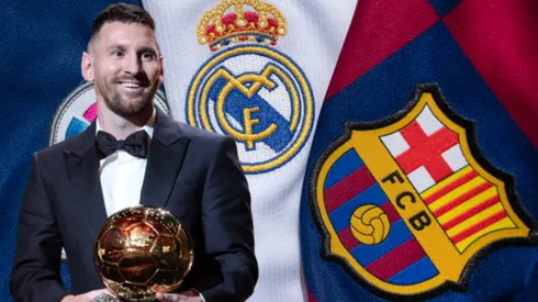 Lionel Messi y logos de Barcelona-Real Madrid.