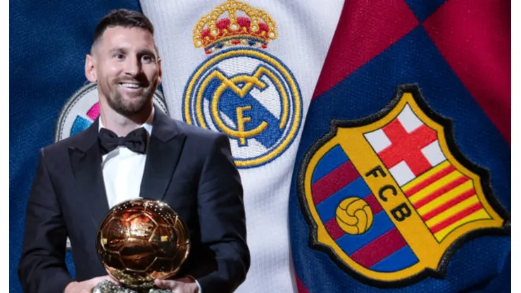 Lionel Messi y logos de Barcelona-Real Madrid.