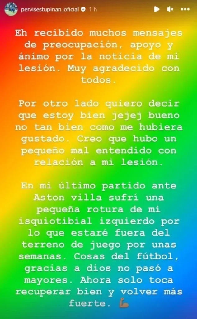Pervis Estupiñán en principio había descartado una lesión de largo plazo. Foto: Instagram Pervis Estupiñán.