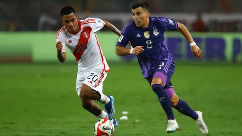 LIMA, PERU - OCTOBER 17: Marcos Acuña of Argentina drives the ball during a FIFA World Cup 2026 Qualifier match between Peru and Argentina at Estadio Nacional de Lima on October 17, 2023 in Lima, Peru. (Photo by Leonardo Fernandez/Getty Images)