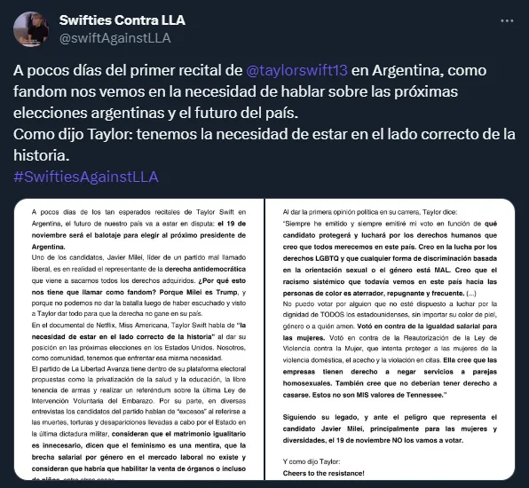 El comunicado de las Swifties en Twitter.