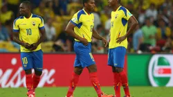 RIO DE JANEIRO, BRAZIL - JUNE 25: Antonio Valencia of Ecuador (C) is sent off with a red card as teammates Walter Ayovi (L) and Oswaldo Minda look on during the 2014 FIFA World Cup Brazil Group E match between Ecuador and France at Maracana on June 25, 2014 in Rio de Janeiro, Brazil. (Photo by Julian Finney/Getty Images)