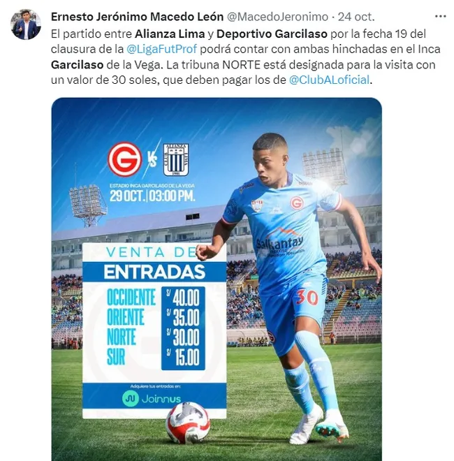 Alianza Lima vs Deportivo Garcilaso: precios para el partido. | Créditos: X Ernesto Macedo.