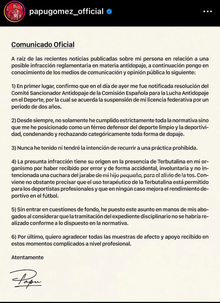 El comunicado del Papu Gómez en sus redes sociales.