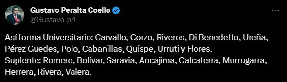 Universitario de Deportes y su once titular contra Cusco FC. (Foto: Twitter).