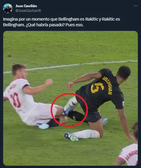 Cruda patada de Bellingham a Rakitic (Twitter).