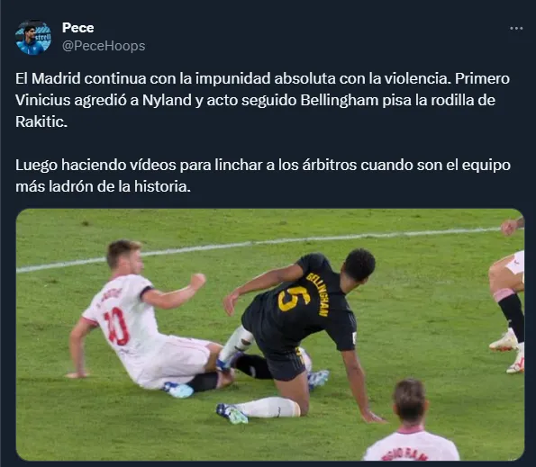 Las críticas por la patada de Bellingham a Rakitic (Twitter).