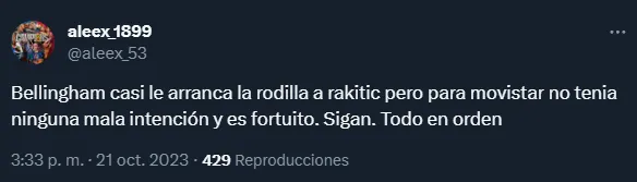 Las críticas por la patada de Bellingham a Rakitic (Twitter).