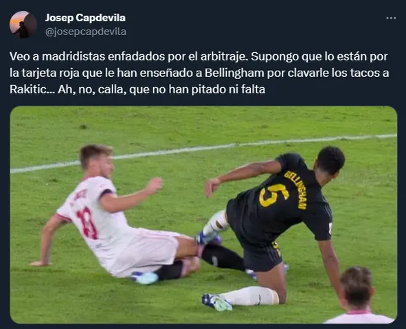 Las críticas por la patada de Bellingham a Rakitic (Twitter).