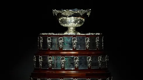 MALAGA, SPAIN - NOVEMBER 22: The Davis Cup trophy is seen prior to the Davis Cup by Rakuten Finals 2022 match between Australia and Netherlands at Palacio de los Deportes Jose Maria Martin Carpena on November 22, 2022 in Malaga, Spain. (Photo by Fran Santiago/Getty Images)