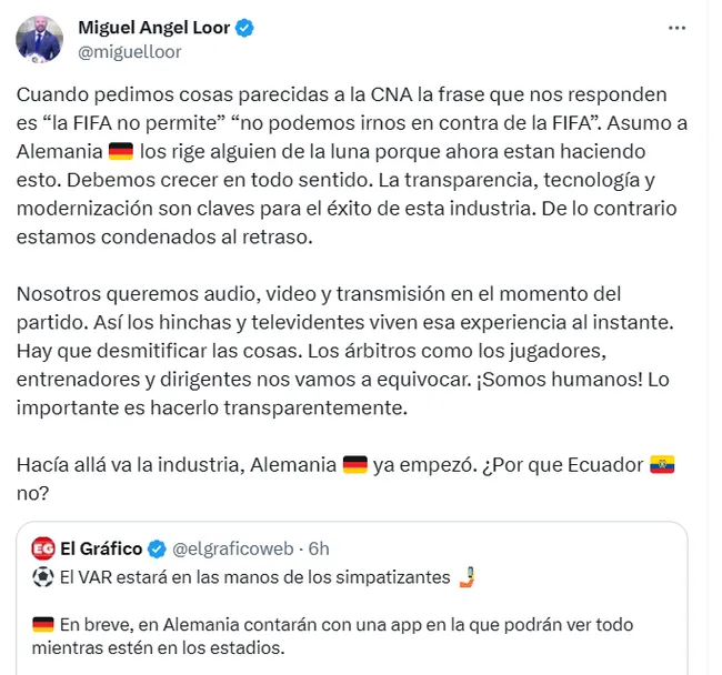 Así fue el descargo de Miguel Ángel Loor contra la CNA por no revelar los audios del VAR. (Captura de pantalla: @miguelloor)