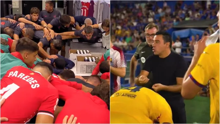Los jugadores del Bilbao rezando en el vestuario y Xavi dando indicaciones, imágenes que ahora son parte de las transmisiones.