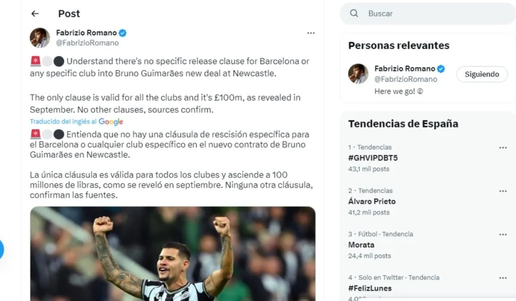 La información de Fabrizio Romano sobre Bruno Guimaraes: TW