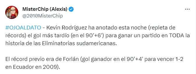 Por este dato Kevin Rodríguez pasó a la historia de las Eliminatorias Sudamericanas. Captura de pantalla: @2010MIsterChip