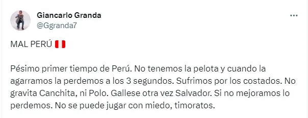 El periodista deportivo Giancarlo Grande no pudo contener su enojo con juego de Perú ante Chile.