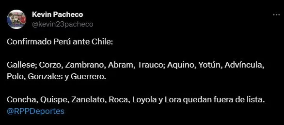 Así formará Perú esta noche contra Chile. (Foto: Twitter).