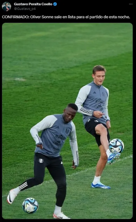 Oliver Sonne entrenando con Perú junto a Luis Advíncula. (Foto: Twitter).