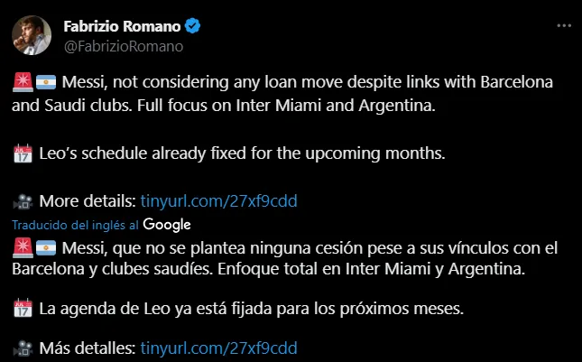 Romano sobre el futuro de Messi. (Foto: X / @FabrizioRomano)
