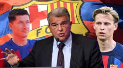 Joan Laporta, Robert Lewandowski y Frenkie De Jong.