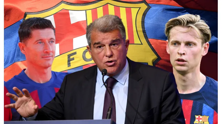 Joan Laporta, Robert Lewandowski y Frenkie De Jong.