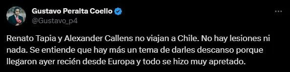 La explicación a la exclusión del viaje a Chile de Renato Tapia y Alexander Callens. (Foto: Twitter).