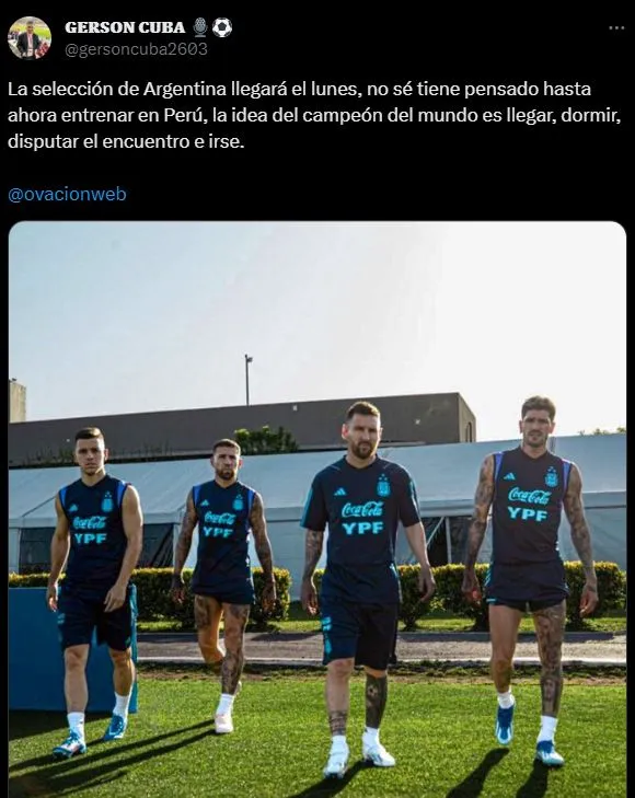 La Selección Argentina no entrenaría en Perú previo al partido. (Fuente: Twitter).