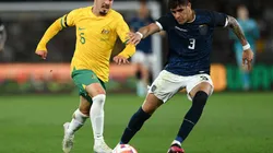 MELBOURNE, AUSTRALIA - MARCH 28: Marco Tilio of the Socceroos and Piero Hincapie of Ecuador compete for the ball during the International Friendly match between the Australia Socceroos and Ecuador at Marvel Stadium on March 28, 2023 in Melbourne, Australia. (Photo by Quinn Rooney/Getty Images)