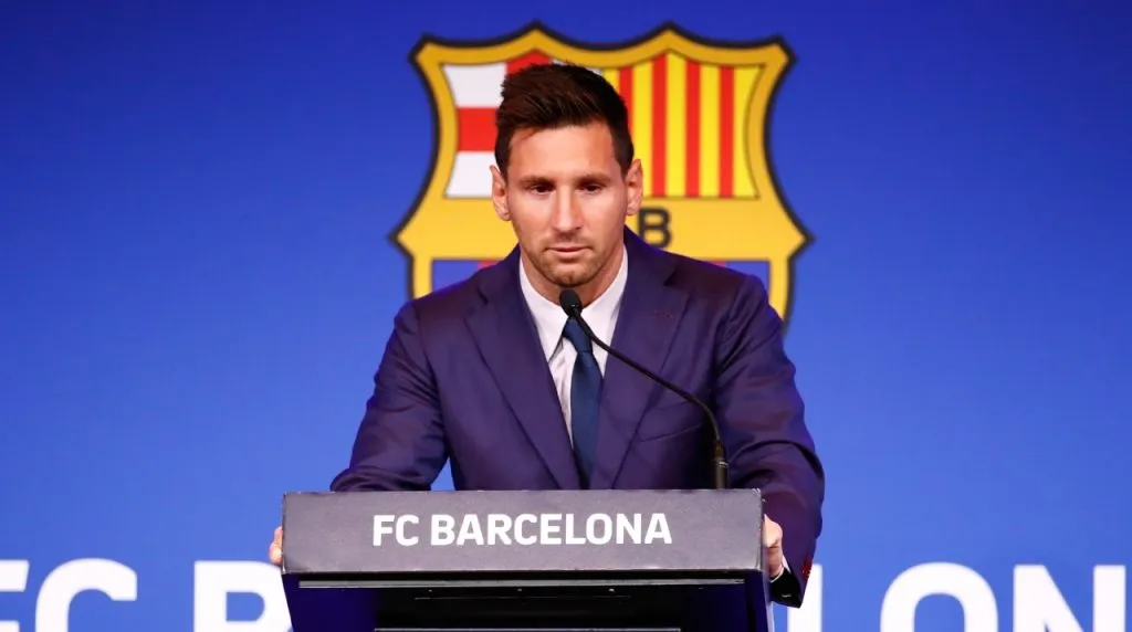 Lionel Messi en su última conferencia de prensa como jugador del Barcelona (Foto: Getty Images)