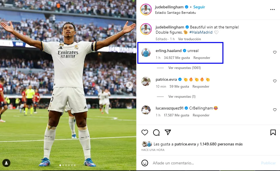El comentario de Haaland para Bellingham (Instagram @judebellingham).