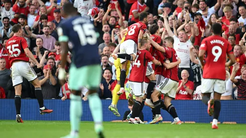 MANCHESTER, ENGLAND - OCTOBER 07: Scott McTominay of Manchester United celebrates with team mates after scoring their sides second goal during the Premier League match between Manchester United and Brentford FC at Old Trafford on October 07, 2023 in Manchester, England. (Photo by Michael Regan/Getty Images)