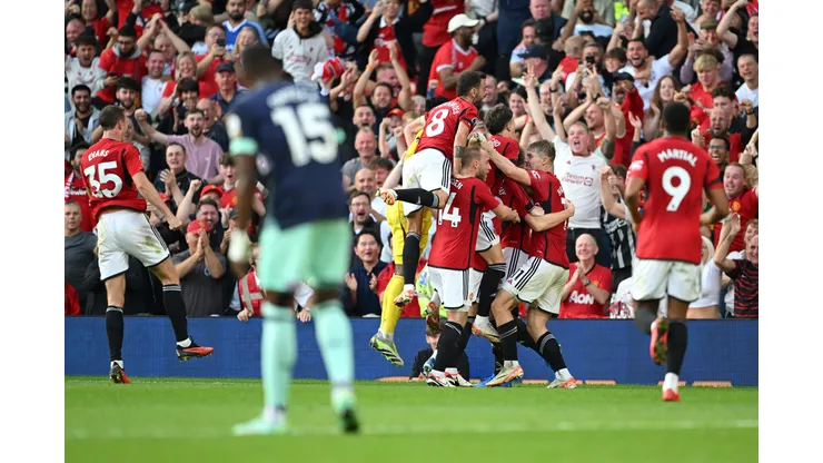MANCHESTER, ENGLAND - OCTOBER 07: Scott McTominay of Manchester United celebrates with team mates after scoring their sides second goal during the Premier League match between Manchester United and Brentford FC at Old Trafford on October 07, 2023 in Manchester, England. (Photo by Michael Regan/Getty Images)