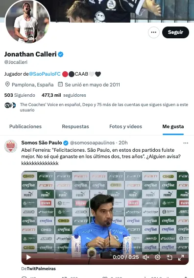 El like de Calleri contra Abel Ferreira.
