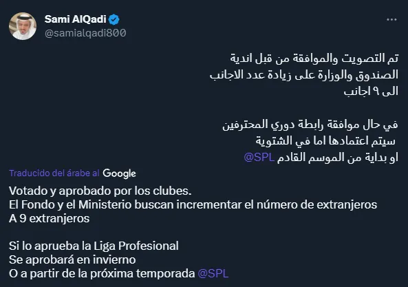 Se viene un cambio revolucionario en las reglas de la liga saudí (Twitter @samialqadi800).