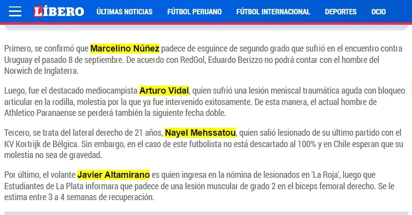 Chile tendrá 4 duras bajas ante Perú por Eliminatorias. | Créditos: Captura Diario Líbero.