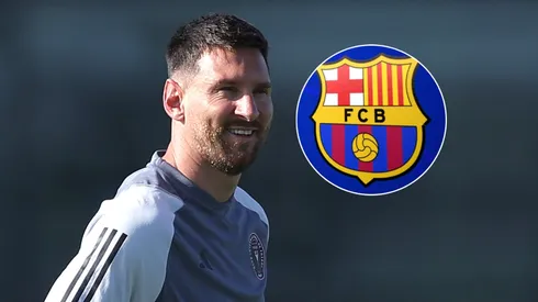 Messi y el escudo del Barcelona.