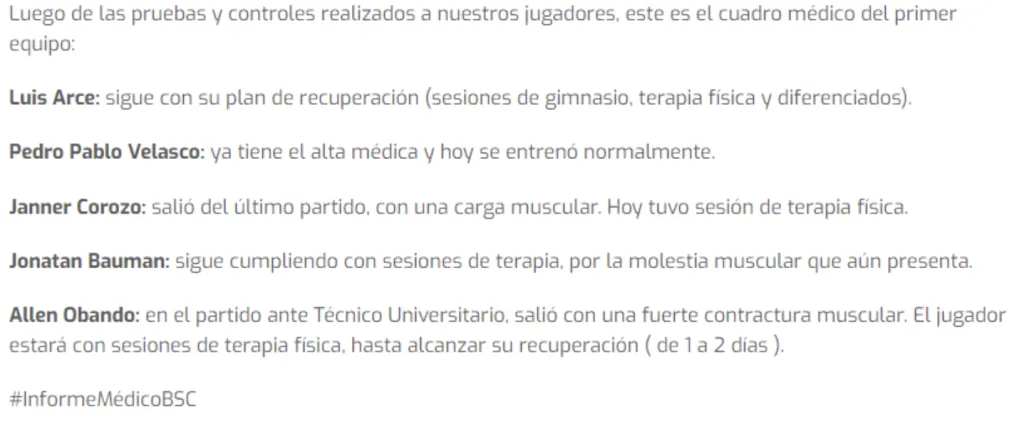 Informe médico de Barcelona SC.
