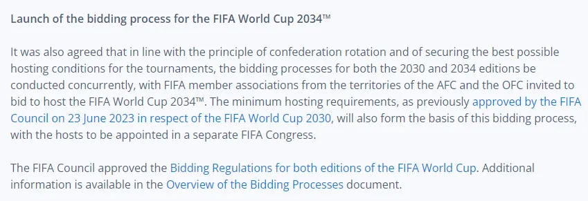 Comunicado de FIFA sobre la apertura del proceso de candidatura para el Mundial 2034.