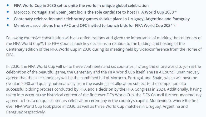 Parte del comunicado de FIFA sobre el Mundial 2030.