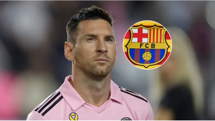 Leo Messi y el escudo del Barcelona.