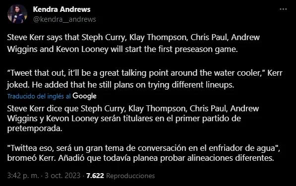 Formacion titular de Warriors vs Lakers. (Foto: X / @kendra_andrews)
